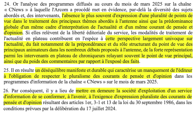 N_Hervieu's tweet photo. Important : Fait inédit, l'Arcom constate que @CNEWS viole le pluralisme des courants de pensée &amp; d'opinion.

Car l'analyse des émissions révèle un « déséquilibre manifeste et durable ».

Avec une focalisation (structurelle) sur l'islam, l'immigration, les juges ou encore LFI... https://t.co/MsvOYYFLe5