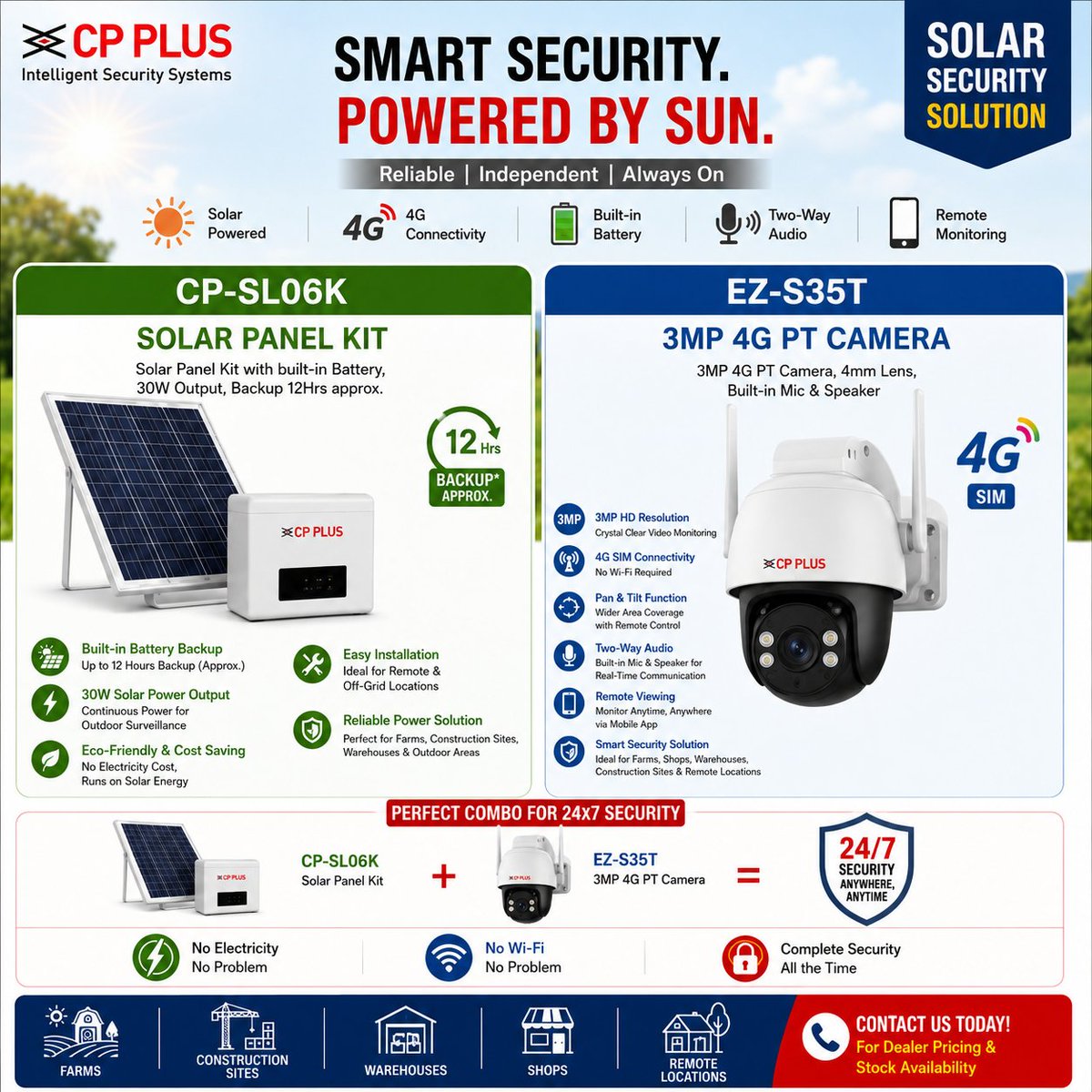 360_Securities's tweet photo. ☀️ Smart Security. Powered by Sun. 🔒

No electricity? No Wi-Fi? No problem.

📹 CP PLUS EZ-S35T 3MP 4G PT Camera
🔋 CP-SL06K Solar Panel Kit
✅ Solar Powered
✅ 4G Connectivity
✅ Two-Way Audio
✅ Remote Monitoring
✅ 24x7 Protection

Perfect for farms &amp; warehouses https://t.co/4kCIUqkqwV