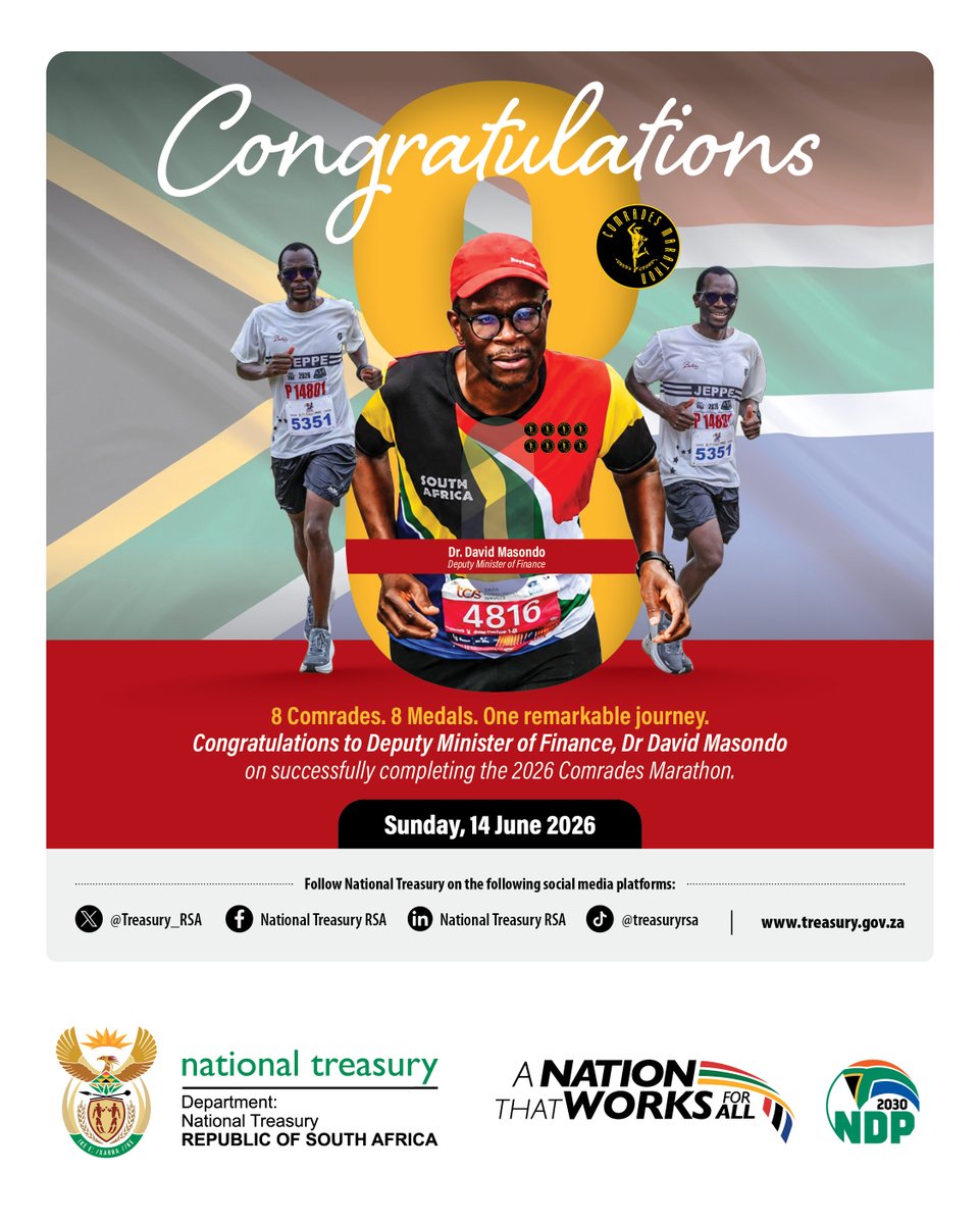Treasury_RSA's tweet photo. Congratulations to Deputy Minister of Finance, @DrDavidMasondo, on completing his 8th Comrades Marathon. 

A remarkable achievement that reflects dedication, resilience and perseverance. Well done to him and all Team National Treasury participants. 🏃‍♂️🏅

#ComradesMarathon https://t.co/zLd9OH0OXl