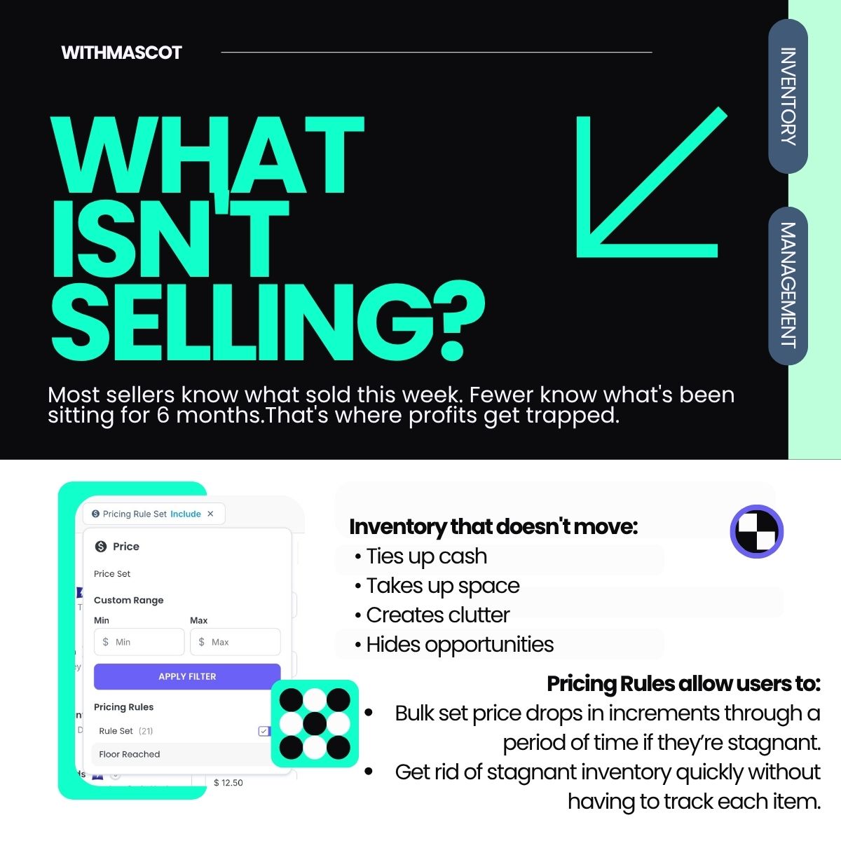 WithMascot's tweet photo. Here's a question:
Do you know which items have been sitting the longest in your inventory?
Mascot's price rules make moving stagnant inventory EASY! Make the most of your inventory and stop letting it sit in stuck.
#collectibles #tcg #tradingcards #sportscards #withmascot https://t.co/e5cw5NvJMT