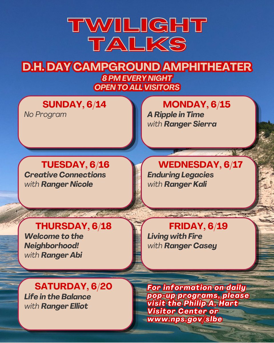 SleepingBearNPS's tweet photo. Join in all summer long for Twilight Talks at Sleeping Bear Dunes National Lakeshore, a beloved evening tradition where rangers share stories, science, and the natural and cultural wonders of the Lakeshore.

Check out the full weekly lineup here:
https://t.co/OnycOrgNvQ https://t.co/zBcHc4qY7z