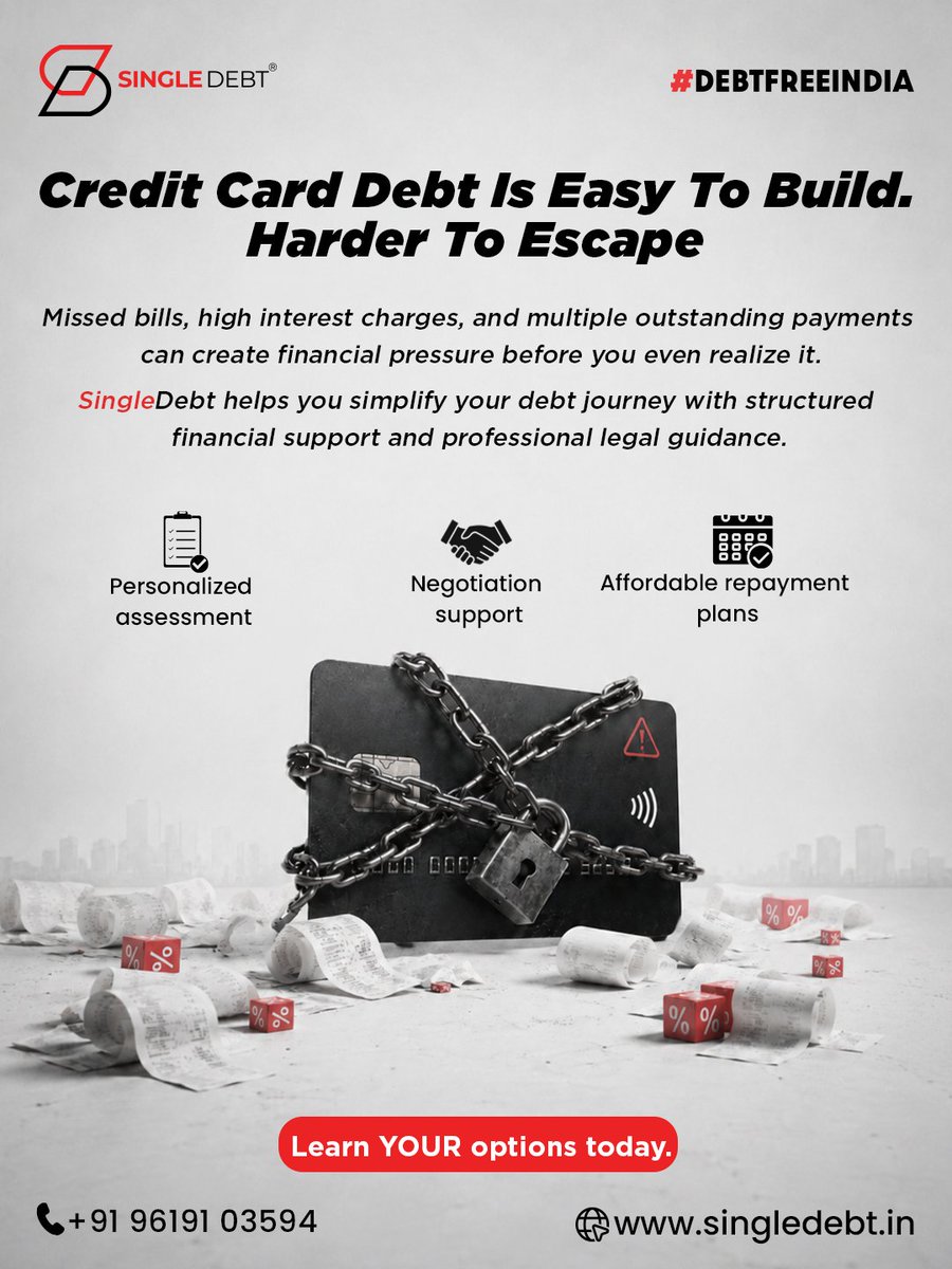 Single_Debt's tweet photo. Small credit card balances can grow into bigger financial concerns over time.

With SingleDebt, get structured support, negotiation assistance, and repayment solutions designed to help you regain better control of your finances.

📞 +91 96191 03594
🌐 https://t.co/4J1Q6eO5tE https://t.co/MUDu9f8aiH
