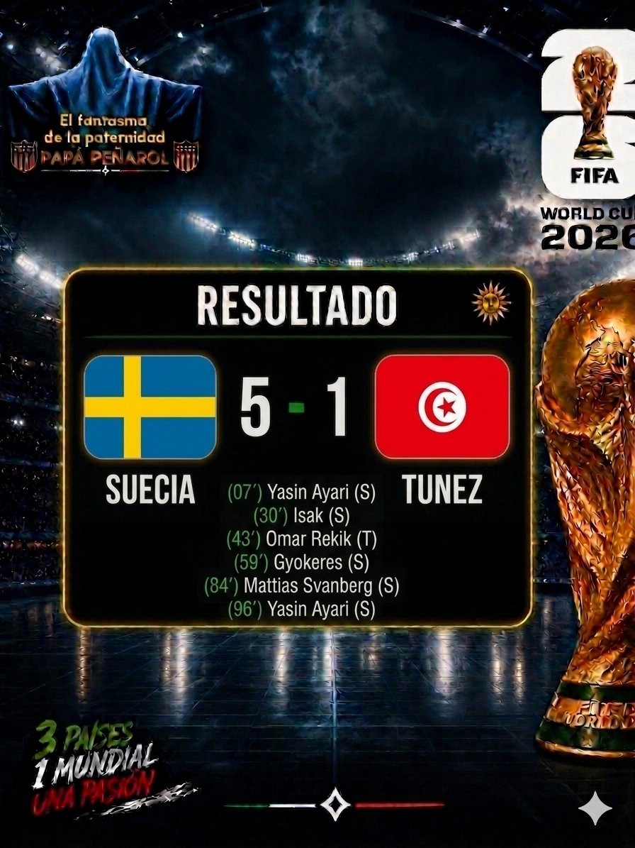 791Hugo's tweet photo. SUECIA 5 TUNEZ 1 
Goles:
07´ Yasin Ayari (S) 
30' Isak (S) 
43' Omar Rekik (T) 
59' Gyokeres (S)
84' Mattias Svanberg (S) 
96' Yasin Ayari (S)

#peñarol #elfantasmadelapaternidad1891 #Mundial2026
#FIFAWorldCup #WeAre26 #WorldCup2026 #Futbol #Seleccion #uruguay https://t.co/Um2xEtItZc