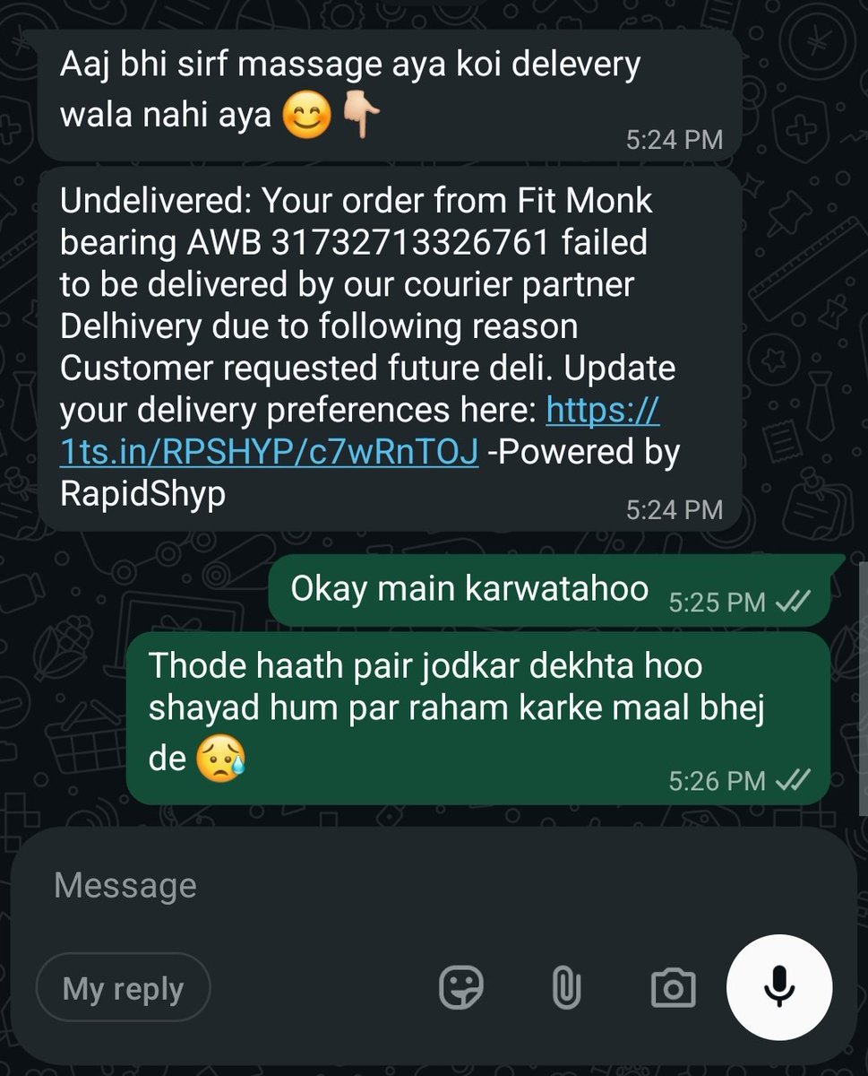 janabdullahg's tweet photo. Malik raham malik🙏🙏🙏
Koi jaakar raazi nahi ho raha
@rapidshyp @delhivery https://t.co/AWmtiMRz1U