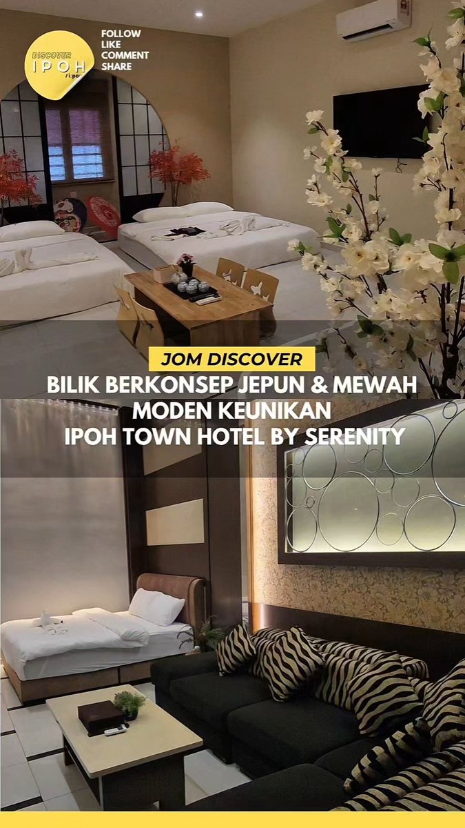 DiscoverIpoh's tweet photo. Hotel baru yang dibuka pada Mac 2026 ini menampilkan 2 konsep bagi 6 biliknya ;Jepun &amp; Moden Mewah. 

Berhampiran Gerbang Malam &amp; tempat menarik yg lain di Ipoh. 

IPOH TOWN HOTEL BY SERENITY 
📍157, Jln Sultan Iskandar, Taman Jubilee, 30000 Ipoh, Perak
☎️ 016-703 8488 https://t.co/vXTzFxLyqw