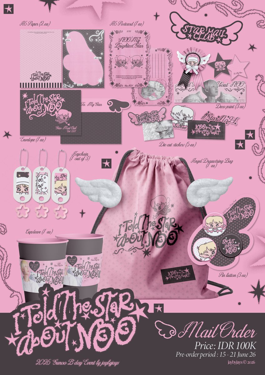 jaybyjays's tweet photo. #itoldthestaraboutNOO 🌟🪽

sunoo birthday kit &amp; exclusive merch online pre-order ⊹ ࣪ ˖ ໒꒱

🗓 15-21 june 2026 @ 23.59 wib
🖇️ https://t.co/HlTvr4CLSy
🌐 WW GO DM

rt &amp; like for a chance to win a kit! (ina only, for 1 winner) https://t.co/VpkcomA0zs