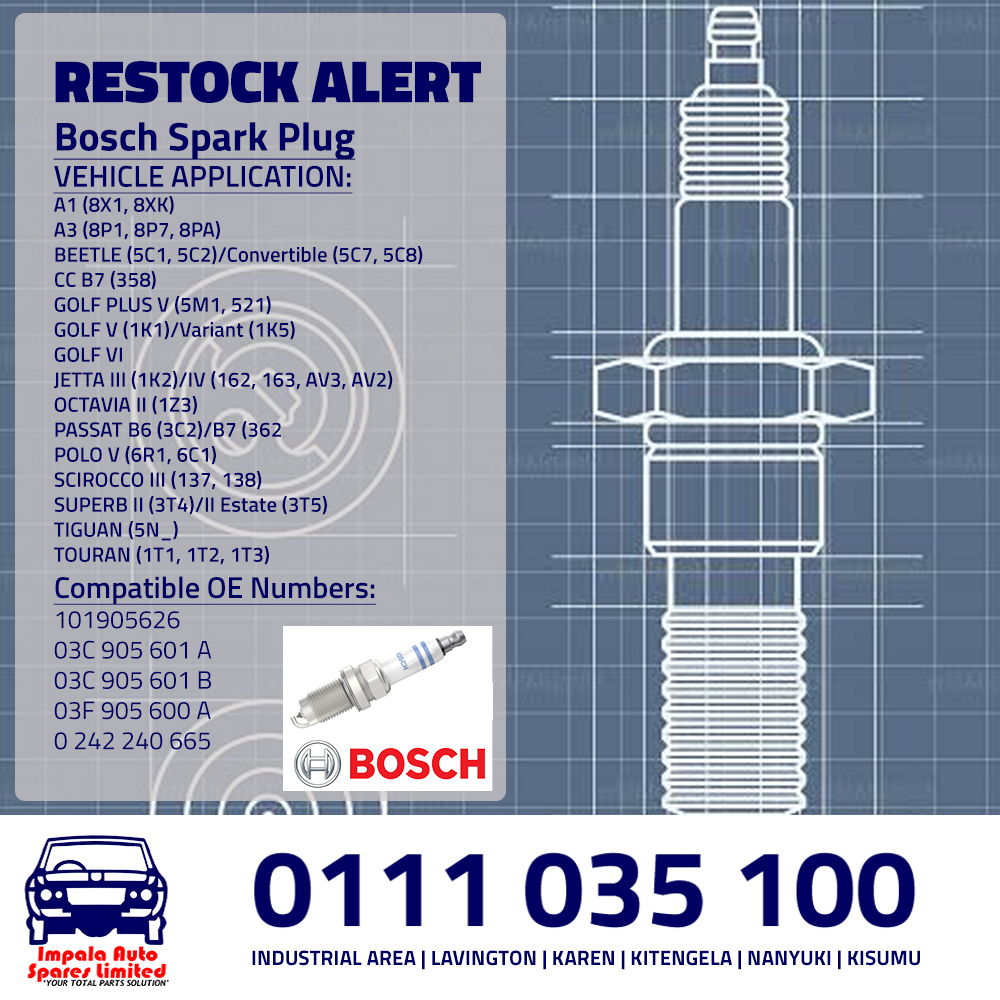 impalaauto1's tweet photo. 🚨 RESTOCK ALERT! 🚨

Bosch Spark Plugs are back in stock!

✔ Guaranteed genuine Bosch products
✔ Direct from the manufacturer
✔ Reliable ignition and OE-quality performance
Suitable for a wide range of Audi, Volkswagen &amp; Škoda models.
📞 0111 035 100 https://t.co/gFIm0icFcA
