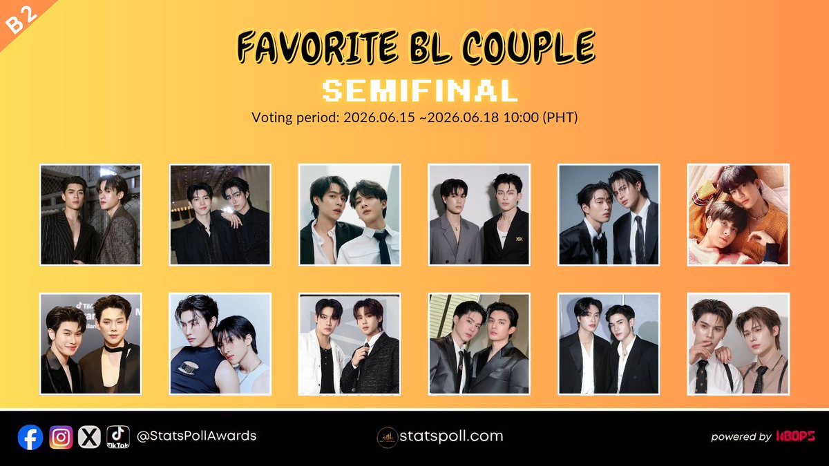 StatsPollAwards's tweet photo. 🟡 SEMIFINAL ROUND STARTS NOW
 
Mechanics
 
- 24 pairs compete; only the Top 12 advance to the Final Round

- Voting Period: June 15, 2026 (8:00 PM) – June 18, 2026 (10:00 PM) 🇵🇭 PH Time

Vote here: https://t.co/A4kbADBUzN
Voting Rules
 
- 10 Free Votes  will reset every hour
-per device/ip address

- Each selection = 5 votes; 2 entries per hour = total 10 votes

#StatsPollAwards
#FavoriteBLCouple