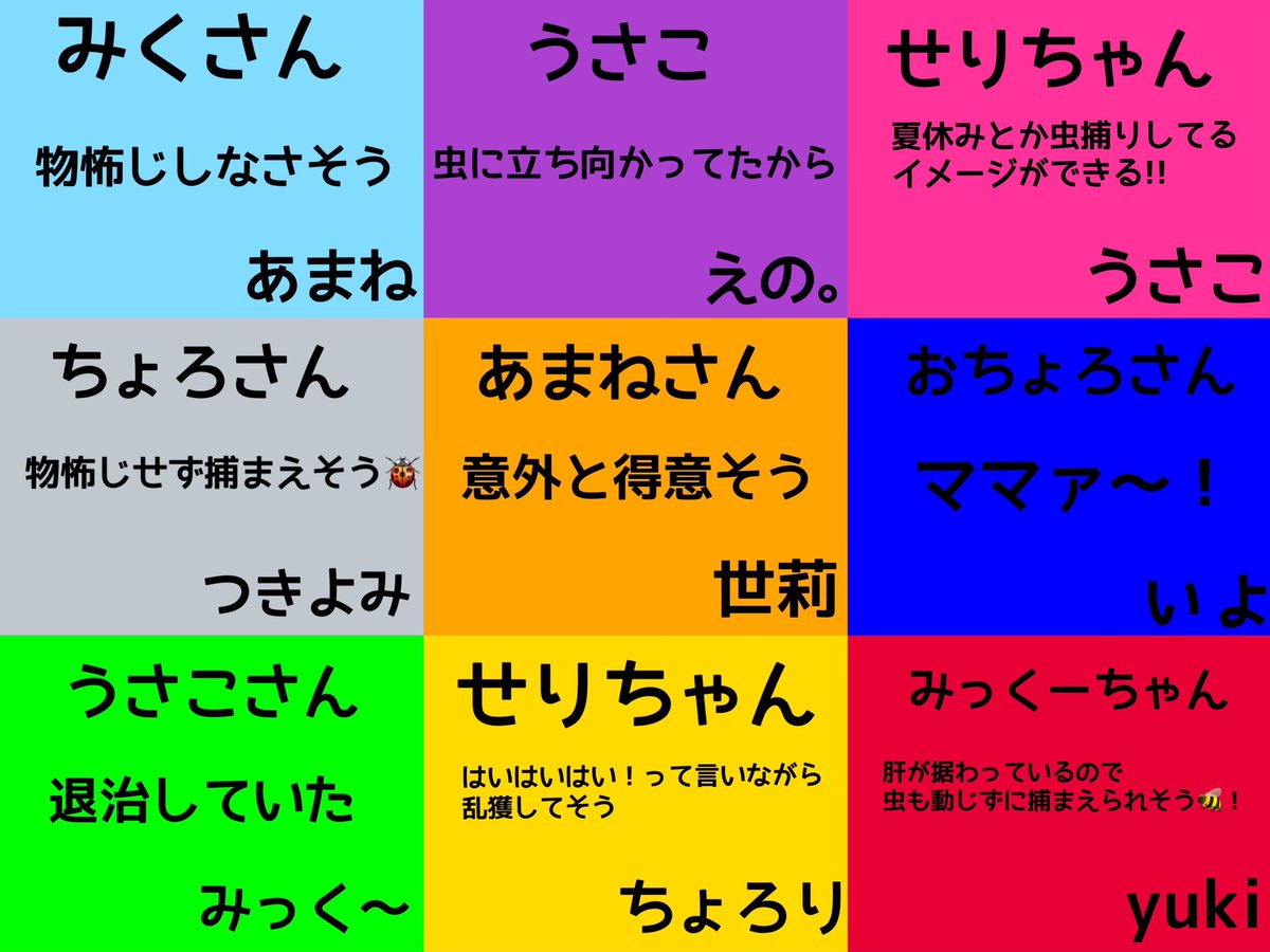 myu1lovelive's tweet photo. 【第5回‼️#みゅーわん選手権】

お題⌇みゅーわんで1番、虫捕りが上手そうな人は！？

優勝🏆世莉ナズナ、ちょろり、みっく〜、うさこ 2票ずつ

⚠️謝罪
#2ndみゅーわんまん にて、【虫が得意そうな人】と言ってしまいました、申し訳ございません。四捨五入したら同じだしいいか‼️

#みゅーわん https://t.co/Udh4A8Zdxa