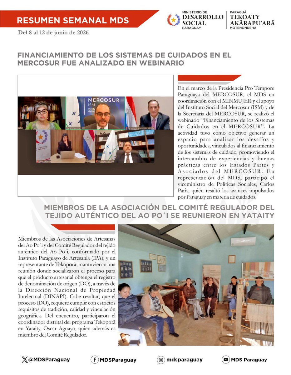 MDSParaguay's tweet photo. Compartimos una nueva edición del Resumen Semanal del MDS, con las principales acciones, actividades y avances impulsados durante la semana en favor del bienestar y desarrollo de las familias paraguayas.🙌🏻💪🏻 https://t.co/71LcPL6z1R