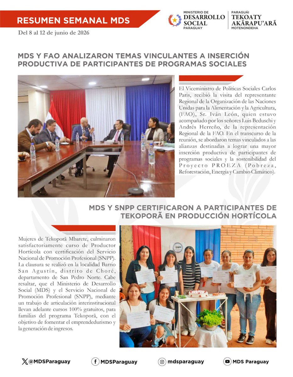 MDSParaguay's tweet photo. Compartimos una nueva edición del Resumen Semanal del MDS, con las principales acciones, actividades y avances impulsados durante la semana en favor del bienestar y desarrollo de las familias paraguayas.🙌🏻💪🏻 https://t.co/71LcPL6z1R