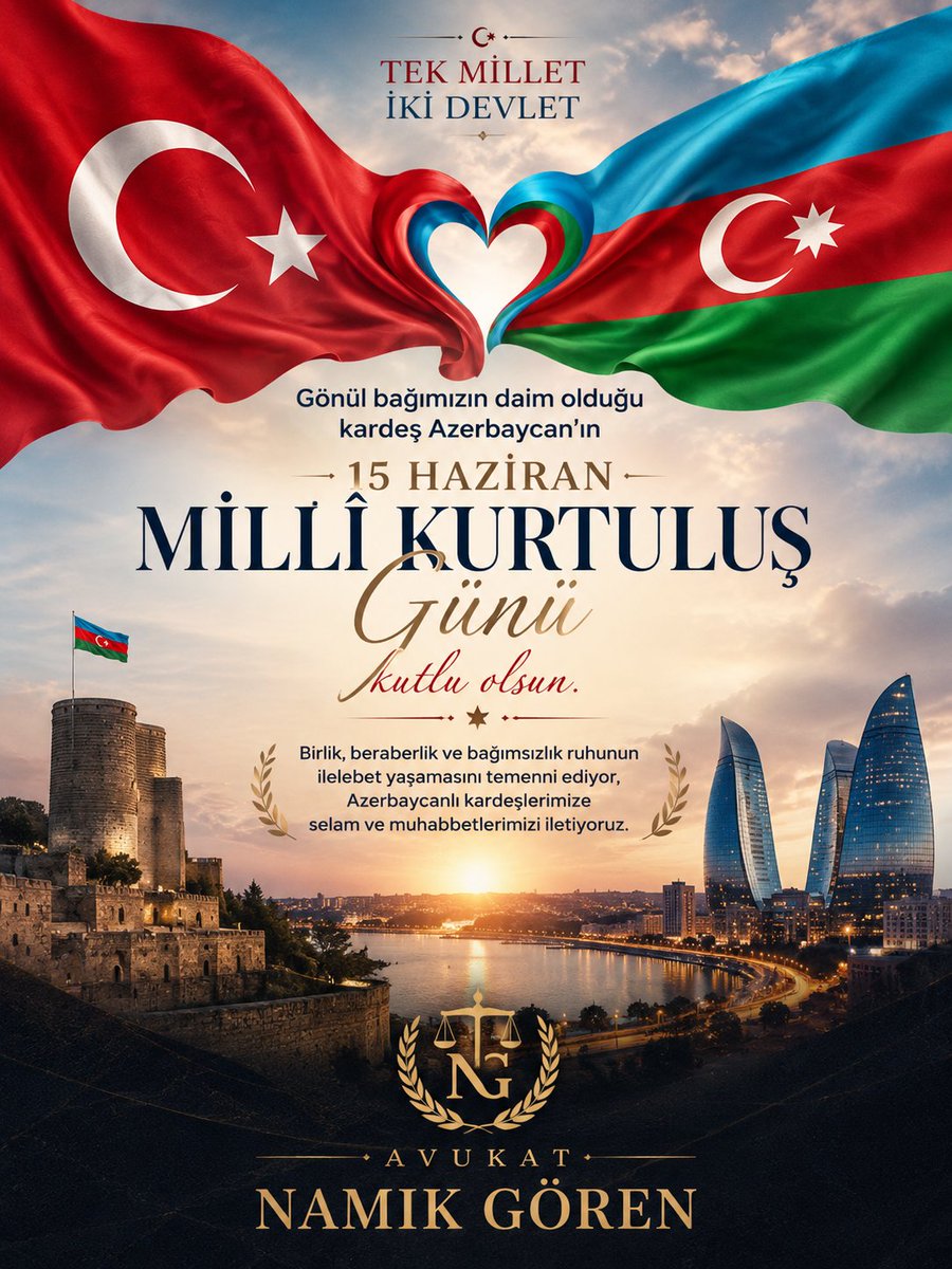 namikgorentr's tweet photo. 🇹🇷🇦🇿 Tek millet, iki devlet anlayışıyla gönül bağımızın daim olduğu kardeş Azerbaycan’ın 15 Haziran Millî Kurtuluş Günü kutlu olsun. Birlik, beraberlik ve bağımsızlık ruhunun ilelebet yaşamasını temenni ediyor, Azerbaycanlı kardeşlerimize selam ve muhabbetlerimizi iletiyoruz. https://t.co/pLRU4CEVKy