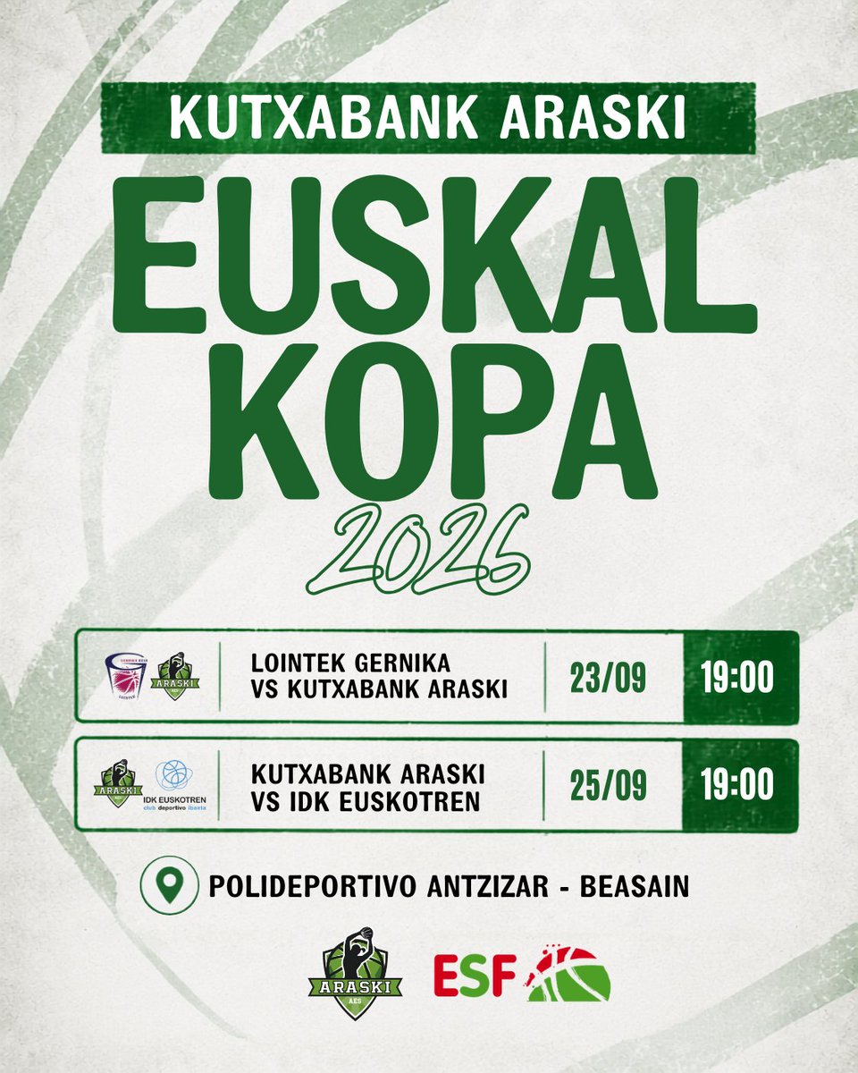 Araski's tweet photo. ¡Ya conocemos nuestra hoja de ruta en la 𝐄𝐮𝐬𝐤𝐚𝐥 𝐊𝐨𝐩𝐚 𝟐𝟎𝟐𝟔! 🏆

Jugaremos contra @GKesb y @ibaetabasket en el Polideportivo Antzizar de Beasain 🔜⚔️

➕ℹ️ https://t.co/Y0RtDCQL8V

#EsUnSentimiento #SentimenduBatDa https://t.co/2zRjrOpj4X