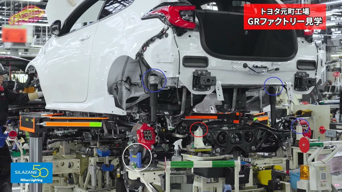 humippa's tweet photo. GRヤリスの生産工程、レーシングカーみたいだもん
利益出ないよね

Toyota GR Yaris の生産工場動画、
「何か使えるヒントがあるかも」
と思って見てみました。

正直、「量産車で、ここまでやるの？」
という内容が多く、かなり面白かったです。

特に印象的だったのが、この辺り。
・足回り組付け
・アライメント管理
・ブレーキ管理
・選択嵌合

量産車というより、発想がかなりモータースポーツ寄りでした。

■エンジン・足回り組付けが普通の量産ラインと逆？

完全に理解できなかったのですが、かなり興味深い構造でした。

一般的な量産ラインでは、
・ボディを上から吊る
・下にエンジン・ミッション・足回りASSYを置く
・下側ユニットを持ち上げて締結する

という流れが多いと思います。

ただ、GRヤリスでは逆に、
「足回り側へボディを下ろして組付ける」
ような作業をしていました。

さらに面白いのが、ボディ側は、
・内装
・外装
・配線

などがかなり組み上がった状態。

普通の量産ラインだと、
・重い
・吊りづらい
・作業の邪魔

になるので、ここまで組んだ状態で合体させる事は少ないです。

■“停車状態に近い歪み”で組んでいる？

これは自分の推測ですが、
・車重をサスペンションへ掛けた状態
・荷重支点をタイヤ接地状態へ近づけた状態

で締結しているように見えました。

つまり、
「宙吊り状態で組む」のではなく、
「実際にタイヤで接地した時に近い状態で組む」
という考え方です。

宙吊り状態だと、
・荷重不足
・荷重方向違い
・ブッシュねじれ量違い

などが発生します。

■レース車両ではかなり重要

この考え方、競技車両ではかなり重要です。

例えば、
・ブッシュのねじれ
・サブフレーム位置
・初期フリクション
・アライメント変化

などは、「どの姿勢で締結したか」で普通に変わります。

実際、レース屋では、「1G状態で締める」という考え方があります。
僅かな差ですが、初心者でも違いが分かるレベルです。

GRヤリスは、その発想を量産へ落とし込んでいるように感じました。

■左右キャリパーの容積を揃えるって、本当に効果あるの？

これもかなり興味深かったです。
GRヤリスでは、左右キャリパーの容積を測定・管理しているそうです。

ただ、自分は今までそこまでやった事がありません。

最初は、
「ブレーキ液は非圧縮性流体だし、圧力は左右同時に伝わるはず。そんなに効くのかな？」
と思いました。

配管に極端な絞りでも無ければ、液圧自体は基本的に同じになるはずだからです。

実際に効いているのは“圧力差”ではなく“応答差”？

考えていくと問題は「圧力」ではなく、
「パッドがローターへ接触するまでに必要な液量差」
なのかもしれません。

例えば、
・ピストン戻り量
・シール変形
・キャリパー剛性
・ピストン摺動抵抗
などに左右差があると、

同じペダル入力でも、
・片側が先に当たる
・片側が遅れる

という差が出る可能性があります。

これなら、初期制動時の微妙なヨーや、直進性へ影響するのも理解できます。

■容積だけ測っても意味ある？

現場では、空気を使ってキャリパー容積を測定しているそうです。

ただ、ここで気になったのが、
「ピストン面一状態の静的容積だけ測って、本当に意味あるのか？」
という点。

むしろ重要なのは、
「一定量ピストンを動かすのに必要な実効容積」
なのでは？と思いました。

例えば、
・キャリパーとピストンが面一状態の容積
・ピストンを1mm突き出した時の容積
・両方を測定し、その差分を左右で揃える。

つまり、
「ピストンを一定量動かすのに必要な液量」
を管理した方が、実際の制動応答に近い気がします。

■レース屋はどう管理？

続きはこちら
https://t.co/g9FxdWFdH8