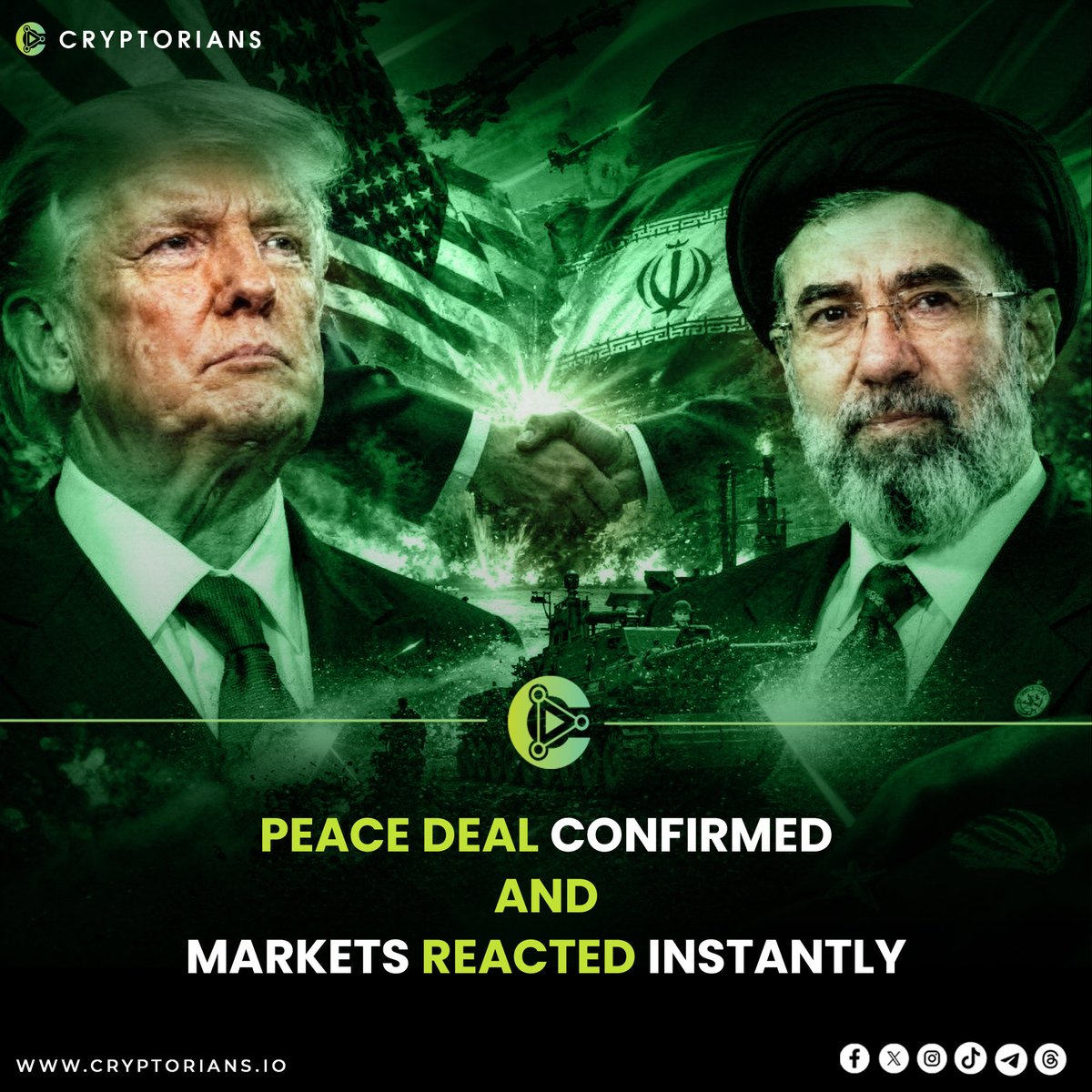 Cryptorians_io's tweet photo. 🟢 As #Trump announced a framework peace agreement with Iran, risk appetite returned, oil prices dropped, and crypto markets found relief📈
Oil fell sharply while global stocks and risk assets rallied after the announcement
Follow #Cryptorians for more .➡️
#Crypto #Bitcoin #Iran https://t.co/S0BNivmyy5