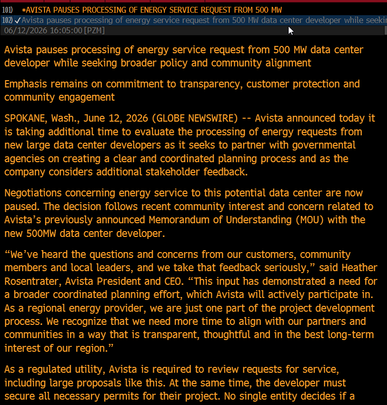 matthew_sigel's tweet photo. Avista (AVA) just paused a 500-megawatt (MW) data center memorandum of understanding in Spokane County after 5,000+ community complaints, a Spokane City Council moratorium proposal, and concerns about ratepayer costs and the Spokane River.

The rumored site is the former Kaiser Aluminum smelter in Mead, actively marketed for data center use with 240MW of Avista power already on site. An energized brownfield, blocked anyway.

Worth zooming out on what this region is:
Eastern Washington runs on cheap Columbia River hydro. By 1950, half of all US aluminum output came from here. Kaiser's Mead smelter and Trentwood rolling mill employed 2,000+ workers and supplied Boeing with aerospace sheet. The Mead smelter closed in 2000 after a brutal 2-year lockout. Kaiser's waste practices left a cyanide and fluoride plume in the local aquifer still being remediated today, which explains some of the opposition. (For reference, modern hyperscale data centers use closed-loop cooling systems that bear little resemblance to industrial smelting.)

For this reason, the established Pacific Northwest hyperscale corridor now sits 100 miles west of Spokane in Grant County, served by Grant County Public Utility District (PUD) at roughly $0.02-0.03/kWh hydro power. Microsoft, Google, and Amazon Web Services all built in this region. Avista is a private regulated utility requiring Washington Utilities and Transportation Commission (WUTC) approval on any service agreement of that scale. Grant County PUD is a customer-owned municipal corporation explicitly exempt from WUTC jurisdiction under Washington state statute

Grant County PUD has its own constraints. After raising application fees sharply in early 2025, the large-load queue shrank from ~2,900MW to 692MW, but that's still nearly equal to the PUD's entire average system load of ~750MW across all 55,000 customers. Load caps are in place in Quincy's industrial zone while transmission capacity catches up.

KEEL ($KEEL) has a site in Moses Lake, also in Grant County, 30 miles from Quincy. The company is converting its former Bitcoin mining operation there into 18MW of liquid-cooled AI infrastructure at 190kW/rack, backed by a $128M Vertiv equipment deal. Zoning is approved, a demolition permit was issued March 2026, and full permits are expected mid-to-late summer 2026, ahead of a December 2026 completion target. No Superfund remediation, no water rights dispute to worry about.

When 500MW gets blocked by community revolt in Spokane and load caps constrain Quincy, an already-energized, already-zoned site with active construction permitting in the same hydro corridor carries scarcity value that can compound as the political environment tightens.

Watch for: full permit approval mid-to-late summer 2026, lease execution with a hyperscale or AI tenant, construction completion by end of year.