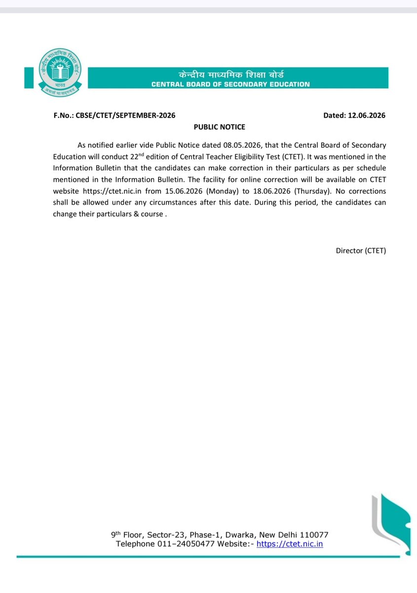 Y48382's tweet photo. @cbseindia29 CTET Correction Window open 

Start From:- 15 June 2026
Till End:- 18 June 2026

CBSE latest updates 

CBSE #cbse #cbsectet2026 https://t.co/RP0WgocMZJ