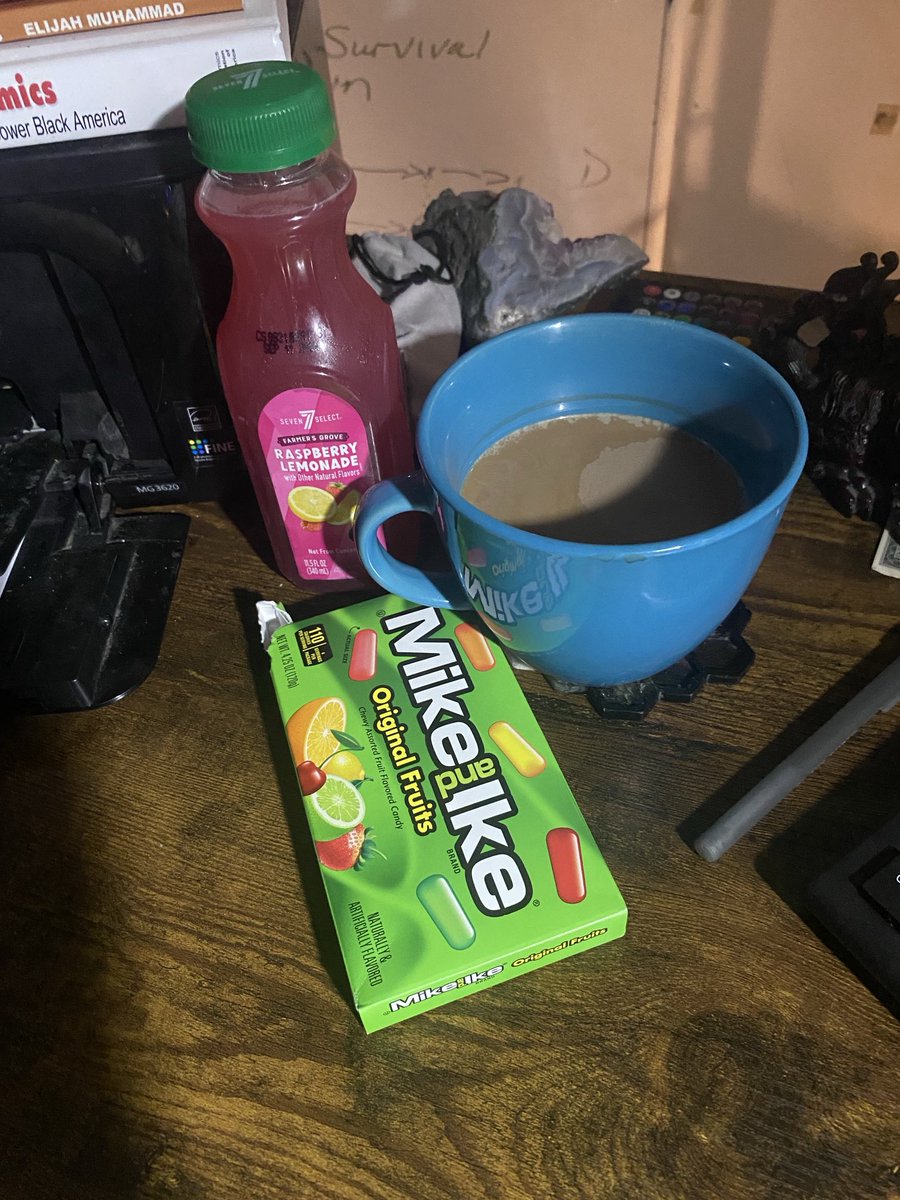 Rawteur's tweet photo. Jim Jarmusch has coffee and cigarettes. 
I got coffee and candy and lemonade to get me through this early morning editing sesh. 😅 https://t.co/rLfugljCZc
