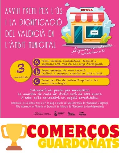 AlgemesiAviva's tweet photo. 🏆🏨Comerços guardonats en el «XXVIII Premi per l’Ús i la Dignificació del Valencià en l’Àmbit Municipal»
🟠Premi a empresa consolidada:
Ca Mercedes. Espardenyeria i Cordelleria
🟠Premi per l’ús del valencià aplicat a les noves tecnologies:
Konecta Dos Consultores de Seguros, SL https://t.co/yyigno5oNr