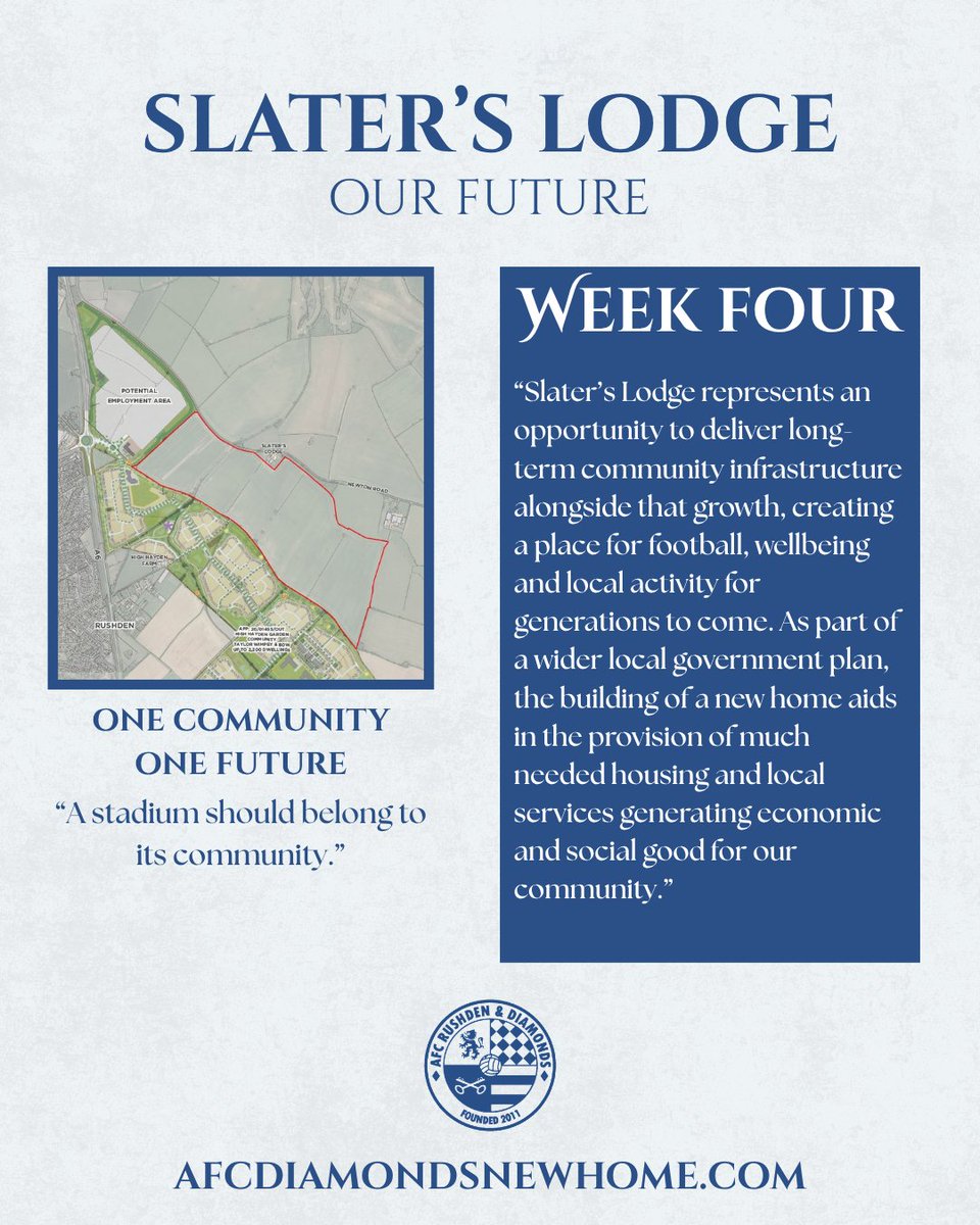 AFCRD's tweet photo. BUILT FOR RUSHDEN 👷

Rushden is growing rapidly, particularly in the east of the town. Slater’s Lodge represents an opportunity to deliver long-term community infrastructure alongside that growth, creating a place for football, wellbeing and local activity for generations to come.

As part of a wider local government plan, the building of a new home aids in the provision of much needed housing and local services generating economic and social good for our community.

A stadium should belong to its community.

That’s the vision behind Slater’s Lodge. To make this happen, we need your support.

Visit the website - https://t.co/8jaKogC8pz
Sign the petition - https://t.co/7vY20QBeZ5

#Rushden #AFCRD #OurTownOurDiamonds #SlatersLodge