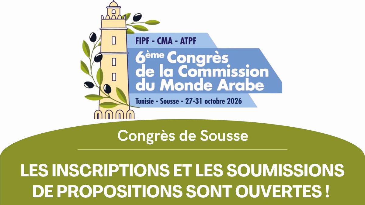 FipfOrg's tweet photo. Les inscriptions sont ouvertes pour le 6ème Congrès de la Commission du Monde Arabe (CMA - FIPF - ATPF) qui se tiendra à Sousse (#Tunisie) du 27 au 31 octobre 2026. Un RDV incontournable d'échanges et d'innovations pédagogiques ! 🇹🇳✨ (1/3) https://t.co/aZy32Bjxif