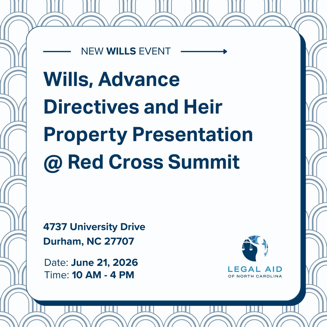 DRPLegalAidNC's tweet photo. Looking to learn more about heir property? Join Legal Aid of NC's Disaster Relief Project for a free presentation on June 21st in Durham. Learn about these upcoming events and more at https://t.co/IQUMAd1QCI
#legalaid #northcarolina #heirpropertysupport #durham https://t.co/jDfGw94BNe