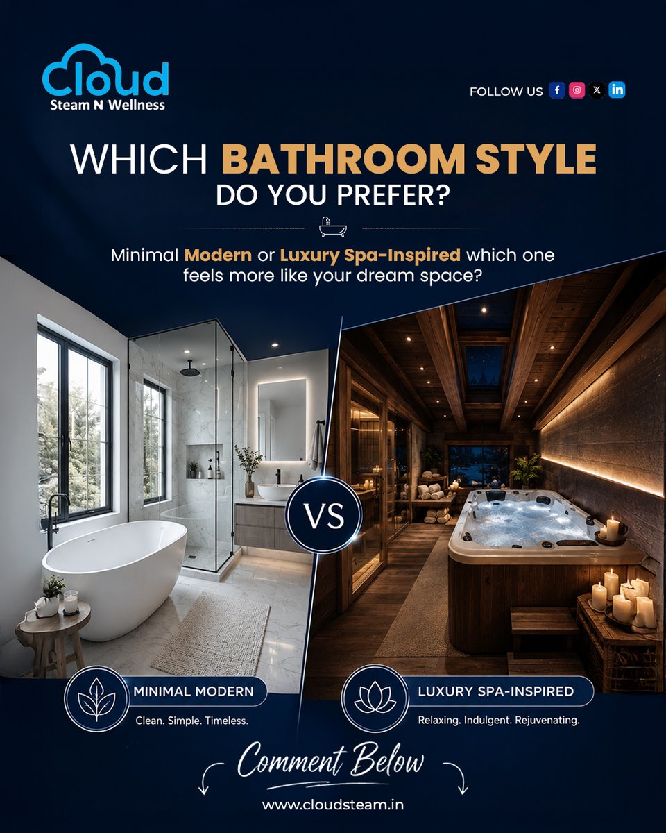 cloudsteamblr's tweet photo. 🛁 Minimal Modern or Luxury Spa-Inspired? ✨

🤍 Clean, sleek &amp; timeless
🤎 Cozy, relaxing &amp; indulgent
Which bathroom style is your favorite? Tell us below! 👇

#BathroomDesign #LuxuryInteriors #ModernBathroom #HomeDesign #InteriorInspo #LuxuryLiving #BathroomInspo #HomeDecor https://t.co/pGNYDeDqBB