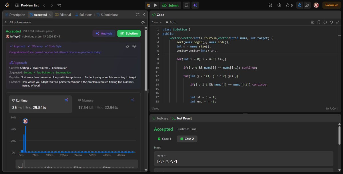 rohhannn01's tweet photo. Day 59 🚀
Solved "4sum" on Leetcode.
Extended the idea of 3sum and used sorting with the two pointer approach to find all the valid quadruplets efficiently.
A challenging and interesting problem.........😺
#day58 #leetcode #dsa #4sum https://t.co/eHbWbwmIwo
