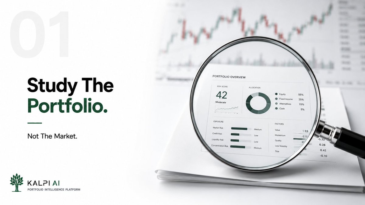 KalpiAi's tweet photo. Stop predicting the market. Start diagnosing your portfolio.

You will never reliably guess where the Nifty goes next week. But you can know exactly, today — how concentrated, how risky and how diversified you actually are.

One of those is a guess. The other is intelligence. https://t.co/EF5PAwAiCP