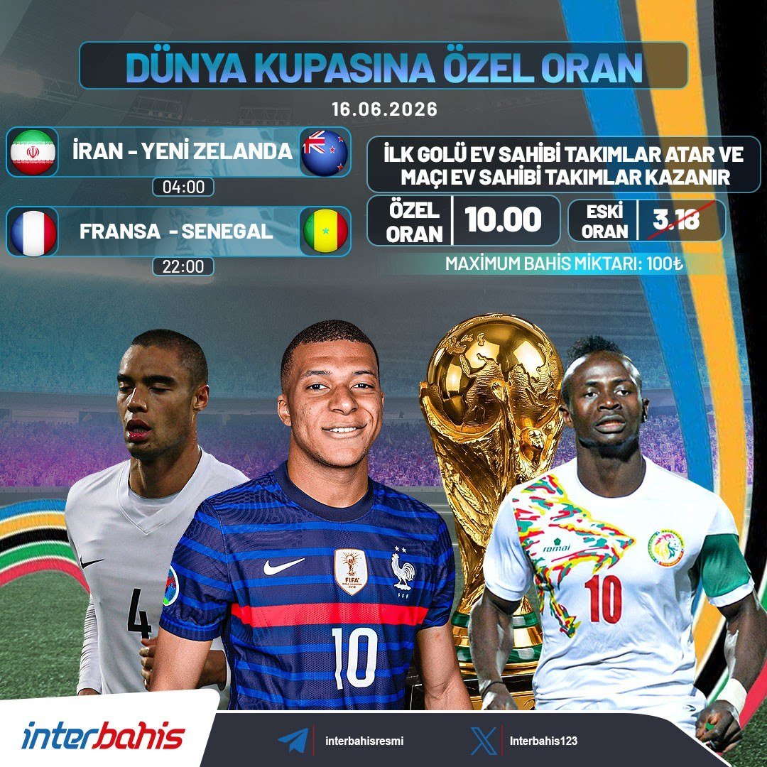 interbahis123's tweet photo. 🏆DÜNYA KUPASI ÖZEL ORANLARI HER GÜN BURADA! 🕺

✅ÖZEL ORAN: 10.00!

💸 MAX. BAHİS: 1️⃣0️⃣0️⃣ TL 🤑

😝 ÖZEL ORAN LİNKİ: https://t.co/kbAMcrFAE4

#interbahis #Bahis #kupon #oran #fifa2026 https://t.co/AiftvMNTQe