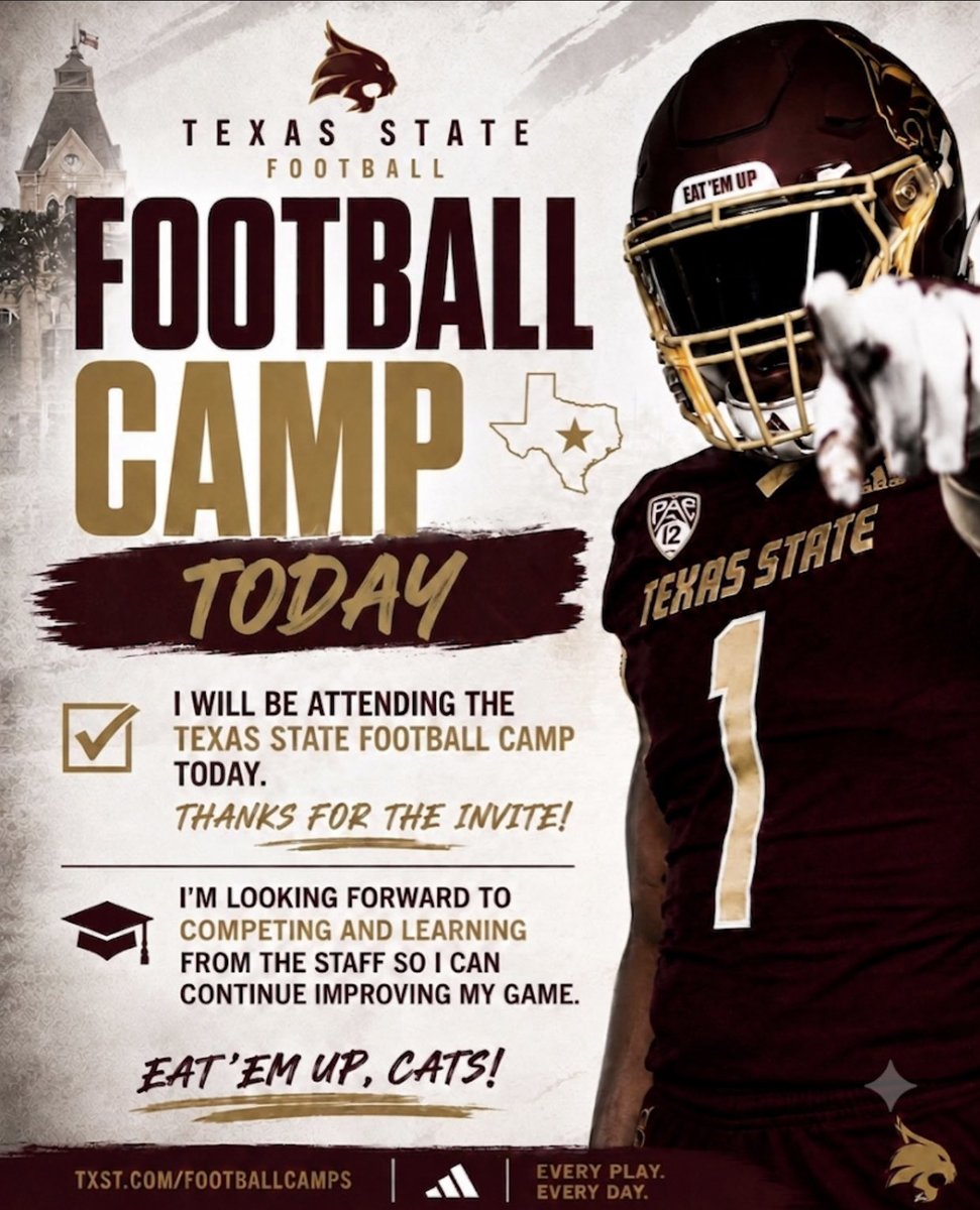 DevinPatterson_'s tweet photo. I’ll be at Texas State today! Looking forward to competing. 💪🏽
Thanks again @TrustMyEyesO @CoachNealy and @CoachGuillermo_ for the invite!
@TXSTATEFOOTBALL 
@CoachVardeman @CoachMLeonard @CoachPatt_2120 @RRCRFootball https://t.co/fb87jNNpVx