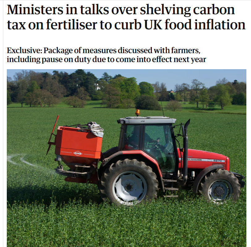 CutMyTaxUK's tweet photo. The Department for Business and Trade is arguing with the Treasury about suspending the new carbon tariffs on fertilisers. These could add £100 per tonne to fertiliser costs currently trading at £618 a tonne.

Needless to say the Treasury wants to keep the tax even though farmers may choose to leave fields fallow, as applying fertiliser at the higher prices will cause them to have to sell their crops at a loss. According to analysis from the Central Association for Agricultural Valuers (CAAV), a 500-acre wheat farm could make a loss of £70k in 2027

Jeremy Moody, the secretary of the CAAV, told the Guardian that suspending the carbon border adjustment mechanism “would stop us adding self-inflicted damage to an already difficult situation."