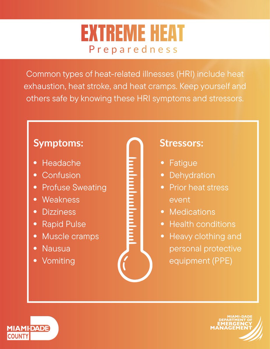 MiamiDadeEM's tweet photo. The National Weather Service has issued a Heat Advisory for Miami-Dade County.

Hot and humid conditions can increase the risk of heat-related illness, especially for older adults, young children, outdoor workers, and those without access to air conditioning.

Stay hydrated, take frequent breaks in the shade or air conditioning, and check on family, friends, and neighbors who may be vulnerable to the heat.

For the latest forecasts and safety information, follow trusted weather sources and local officials.

#BeWeatherReady #OurCounty