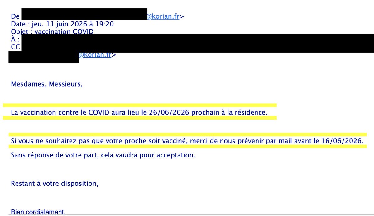 CaudeHenrion's tweet photo. URGENT🚨PLEASE RT🇫🇷
Environ 1 million de personnes concernées
❗️
Vous connaissez une personne âgée d'un EHPAD du groupe #Clariane/#KorianFrance
❓
Vous avez jusqu'à mardi #16juin2026 pour exprimer "si vous ne souhaitez pas que votre proche soit vacciné" ou prévenir la personne
⤵️