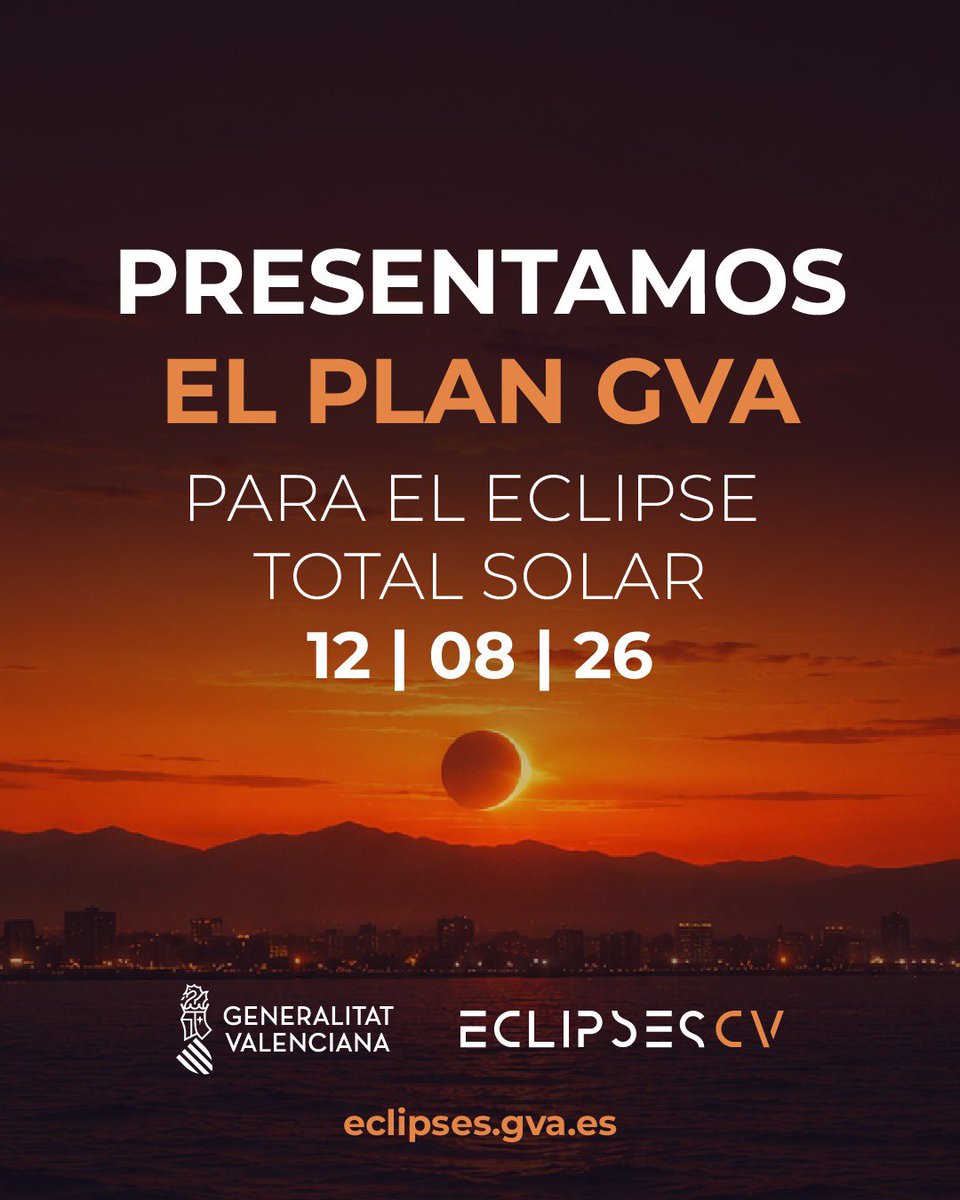 eclipses_cv's tweet photo. 🌑 Demà, @generalitat presenta el pla oficial per a l'eclipsi solar del 12 d'agost.
Punts d'observació, activitats, recursos educatius i tot el que necessites saber per a viure-ho al màxim.
T'ho explicarem per ací… 👇
🌐 https://t.co/Qgcv3lAaSc

#EclipsesCV #Eclipse12Agosto https://t.co/fnNZTOKgLC