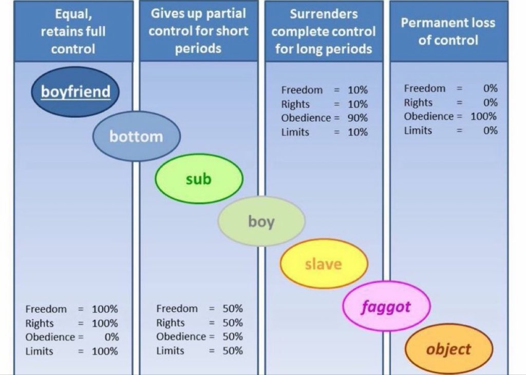 Rboggia's tweet photo. Two images every good boy needs to see. Look at them slowly. Let every word and number sink deep.

The first step to being a good faggot is to embrace your inferiority and constantly strive to serve Men.

This chart shows the full path. From boyfriend with full control all the way to faggot and object with permanent zero freedom zero rights and total obedience.
Study them. See where you belong. Feel which level is pulling you.

Retweet if you accept your place on the right side. Obey without hesitation. Show you are ready to surrender completely.

Good boys do not resist. They RT and go deeper. Do it now.