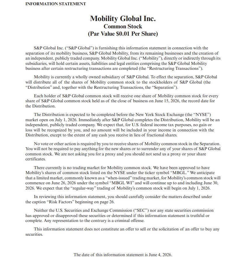 BourbonInsider's tweet photo. $SPGI will spin off Mobility Global on June 26, creating two independent public companies. 

Each holder will receive one share of Mobility Global for every share of S&P Global held as of the close of business on Jun 15, 2026, the record date for distribution 

1 Mobility = 1 S&P Global