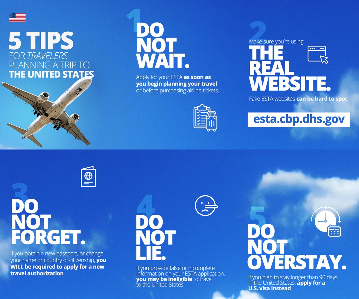 US2EU's tweet photo. 🇺🇸 5 Tips for Travelers Planning a Trip to the United States ✈️

Don't wait — apply for your ESTA now! 🕐 Start your ESTA application as soon as you begin planning your trip — before you even buy your airline tickets.

Use the official website. 🔒 Make sure you're on the real ESTA site.

Got a new passport? You'll need a new ESTA. 📘 Any changes to your passport, name, or country of citizenship mean you must submit a new travel authorization.

Be honest on your application. ✅ Providing false or incomplete information on your ESTA application could make you ineligible to travel to the United States. It's not worth it!

Staying longer than 90 days? Apply for a visa instead. 📅 If you plan to stay beyond 90 days, apply for a U.S. visa before you travel.