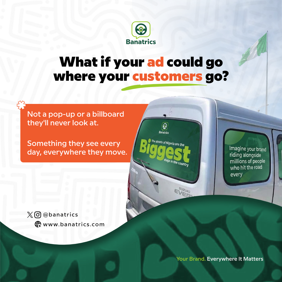 Banatrics's tweet photo. Pop-ups get closed. Billboards get tuned out. But what if your ad was impossible to ignore because it was literally moving through the same streets as your customers, every single day?

That's a smarter way to advertise.

#Banatrics #MobileAdvertising #NigerianBusiness https://t.co/dcUL9riC00