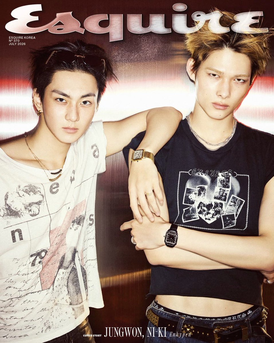 EN_7NATION's tweet photo. #JUNGWON e #NI_KI estrelam a edição de julho da revista ESQUIRE em parceria com a Cartier. A colaboração traz cinco capas exclusivas e um ensaio fotográfico focado no verão, onde a dupla exibe joias e relógios de luxo da grife. https://t.co/QuOplJGv5A