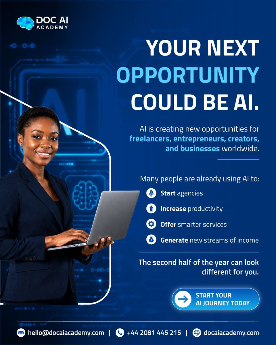 docaiacademy's tweet photo. AI is creating new opportunities for freelancers, entrepreneurs, creators, and businesses worldwide.

The tools are available. The opportunity is now.

🚀 Learn practical AI skills
🌐 https://t.co/p0aeDBr94E

#AI #DigitalSkills #FutureOfWork #DocAIAcademy https://t.co/6nNwYAbUYi