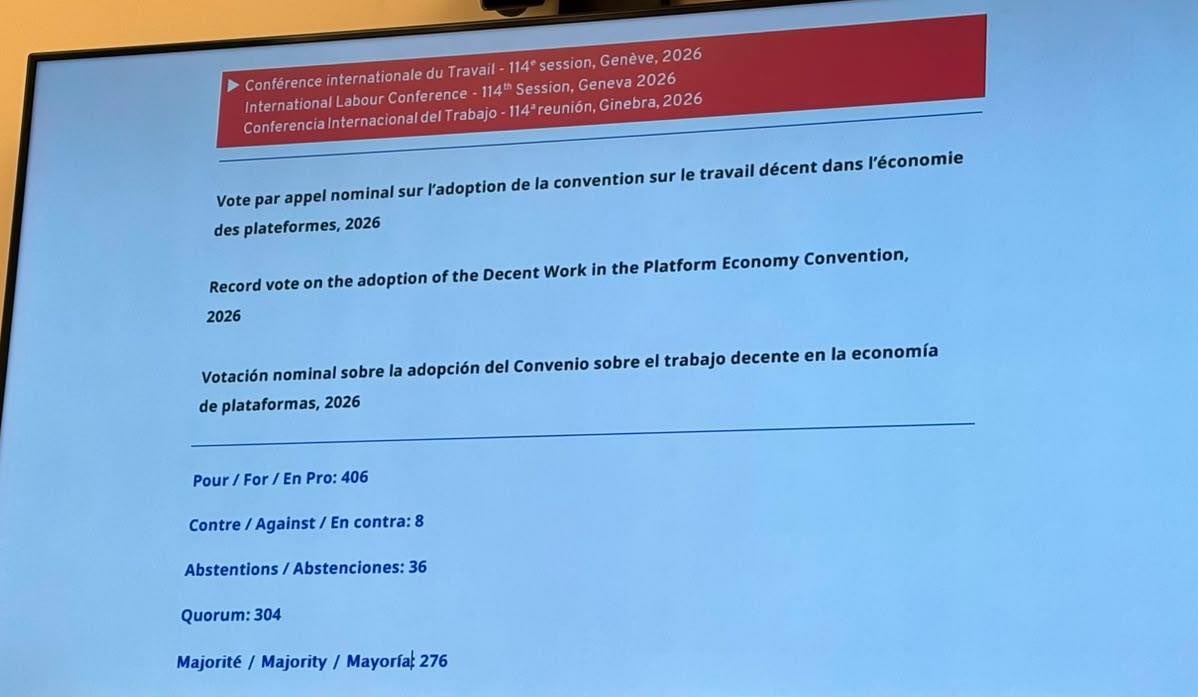 UnidadSindical_'s tweet photo. TRABAJADORES SALVADOREÑOS RESPALDAN HISTÓRICO CONVENIO DE LA OIT

La Unidad Sindical Salvadoreña emitió su voto a favor de la aprobación del nuevo convenio de la OIT sobre trabajo decente en plataformas digitales, durante la 114.ª Conferencia Internacional del Trabajo en Ginebra, Suiza.

La adopción de este instrumento internacional representa un paso trascendental para fortalecer la protección de los derechos laborales en las nuevas formas de empleo, promoviendo condiciones más justas, seguras y dignas para millones de trabajadores en el mundo.

Desde la OIT, la representación sindical salvadoreña reafirmó su compromiso de continuar impulsando iniciativas que garanticen trabajo decente y justicia social para las futuras generaciones.