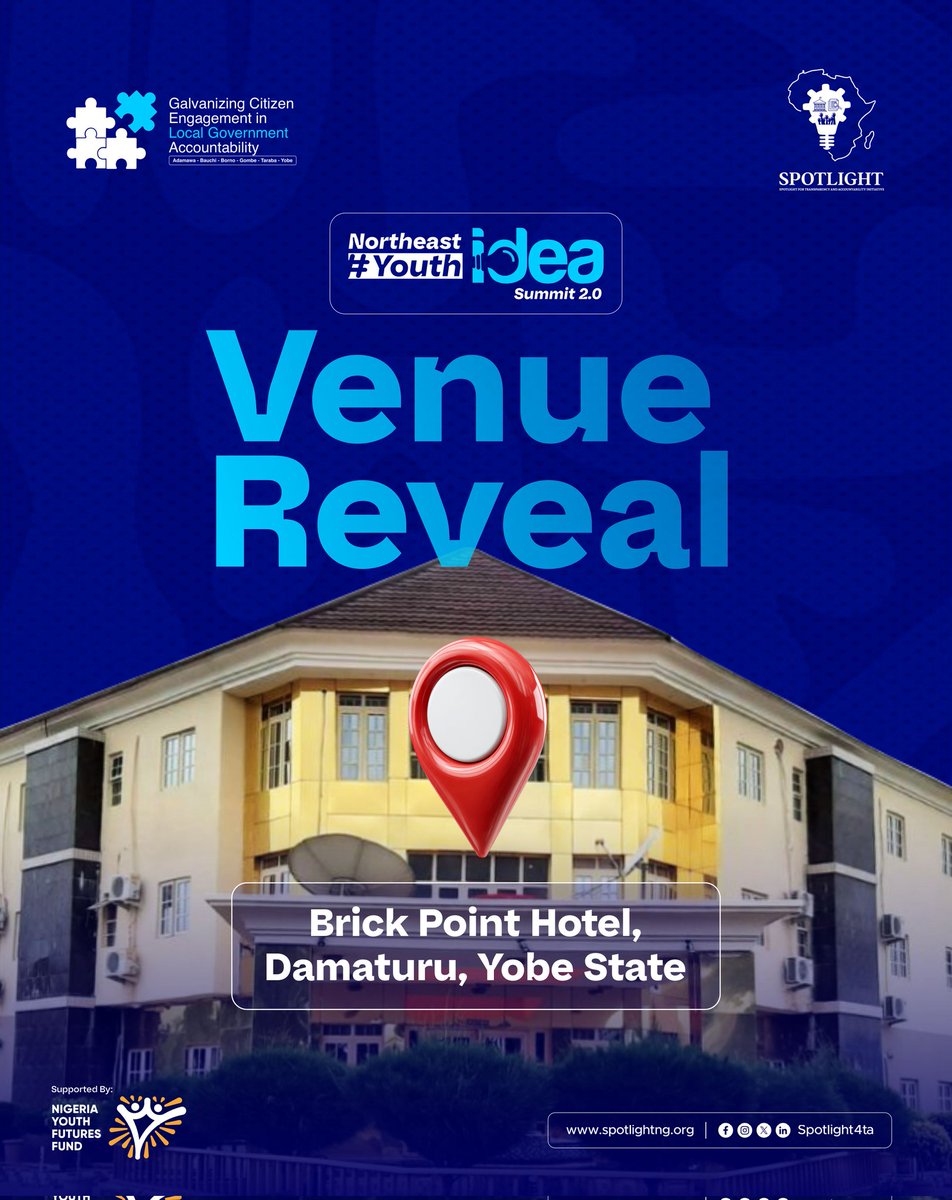 Spotlight4ta's tweet photo. IT'S OFFICIAL! THE WAIT IS OVER!

The countdown to the Northeast YouthIdea Summit 2.0 just got more exciting!

Brick Point Hotel (Former Gaat Hotel), Damaturu, Yobe State will host the Northeast Youth Idea Summit 2.0.

Northeast, are you ready? DAMATURU, are you ready?

#YIS2.0 https://t.co/Uli9JpOtWK