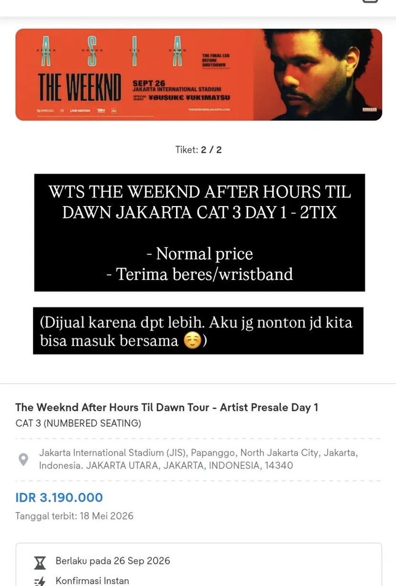 callmeruby___'s tweet photo. WTS The Weeknd JAKARTA
2 Tix, Day 1, Cat 3
presale

Boleh minta proof aja gpp 👍🏻
Minta diskon jg blh yg penting kejual 😭 https://t.co/96eS8gyJow