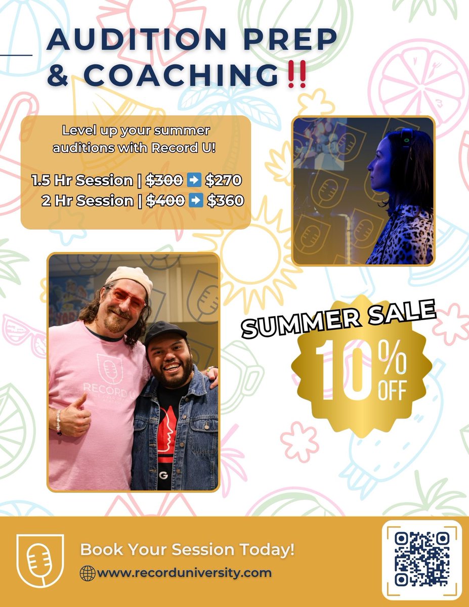 URecordingU's tweet photo. 🎙️ VO AUDITION COACHING &amp; SUBMISSION SALE! 🎙️

Let’s make this your most booked summer yet! 🎙️✨ 

Get 10% OFF your coaching from June 15th – July 15th:

1.5 Hour session | NOW ➡️ $270

2 Hour session | NOW ➡️ $360

#Voiceover #VO #AuditionCoaching #RecordU #SummerSale https://t.co/BqF0qQvICo