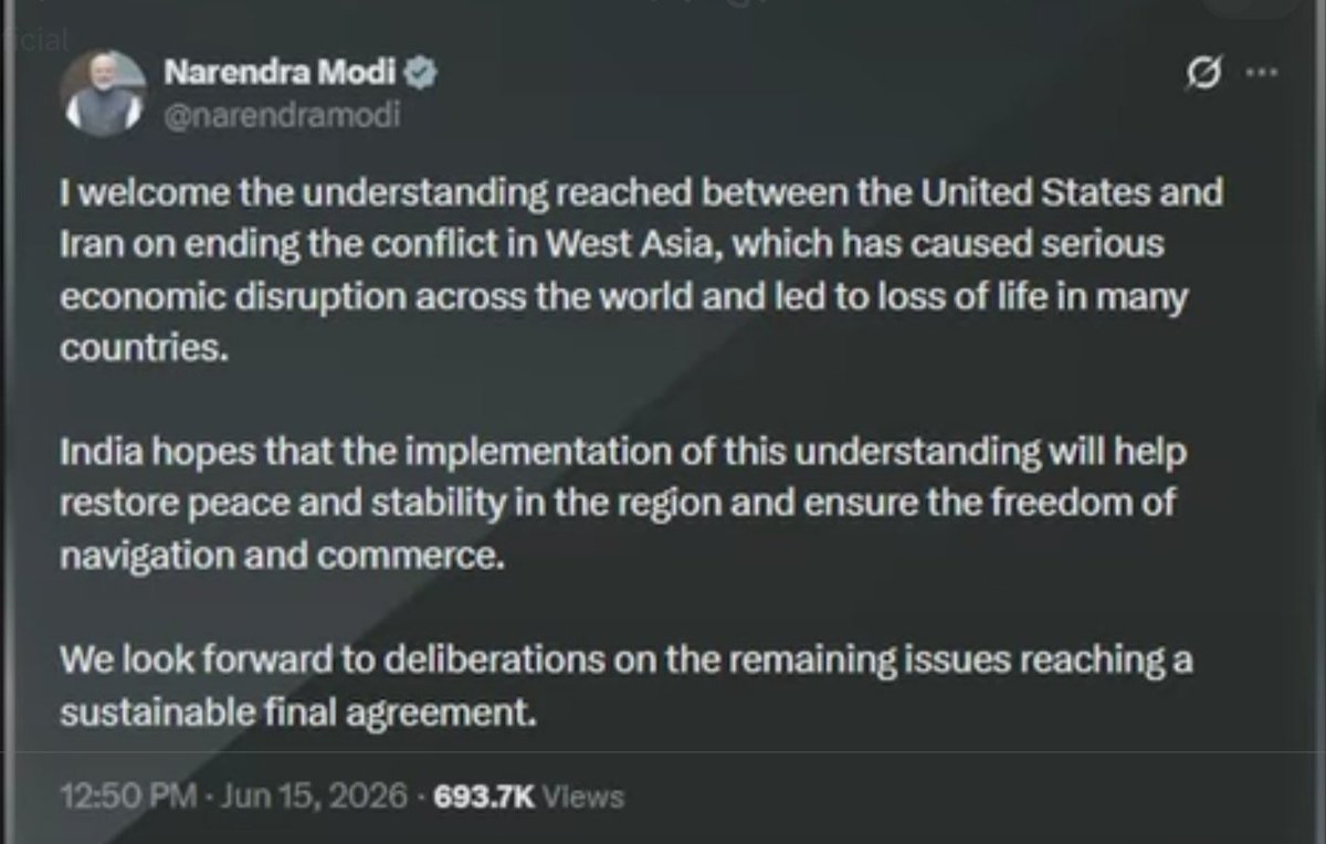 InfotechBirdLab's tweet photo. @narendramodi 
Tweets At 12.50 pm 15 Jun 2026 ON WAR OF United States of America &amp; Iran is Stop for 60 days on the official deal confirmed But On nuclear Trump Give 60 days Ultimateum to Iran. United States of America withdraw  Army Returns from State of Hormuz.. 
@ravish_journo https://t.co/JbMoxW0gpp