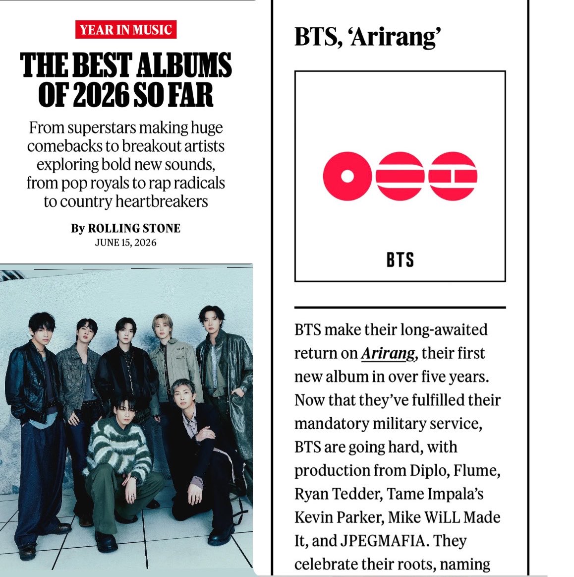 sugamihoney's tweet photo. — Rolling Stone nombra a 'ARIRANG' de #BTS como uno de los mejores álbumes del 2026. ESTO ES HISTÓRICO 😭🔥

"la noticia MÁS IMPORTANTE es sin duda el regreso de BTS que demostró sus raíces coreanas con ARIRANG"

ARIRANG ALBUM OF THE YEAR
CONGRATULATIONS BTS
#BTS_ARİRANG https://t.co/0RuG2pQG9H
