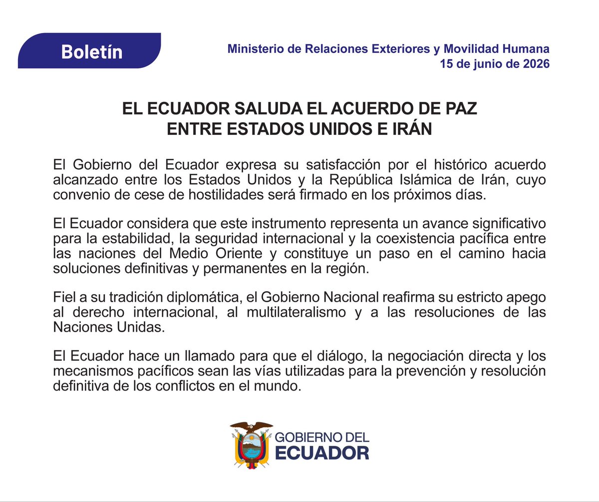 CancilleriaEc's tweet photo. Boletín | El Ecuador saluda el Acuerdo de Paz entre Estados Unidos e Irán https://t.co/kMbr5BIMHU