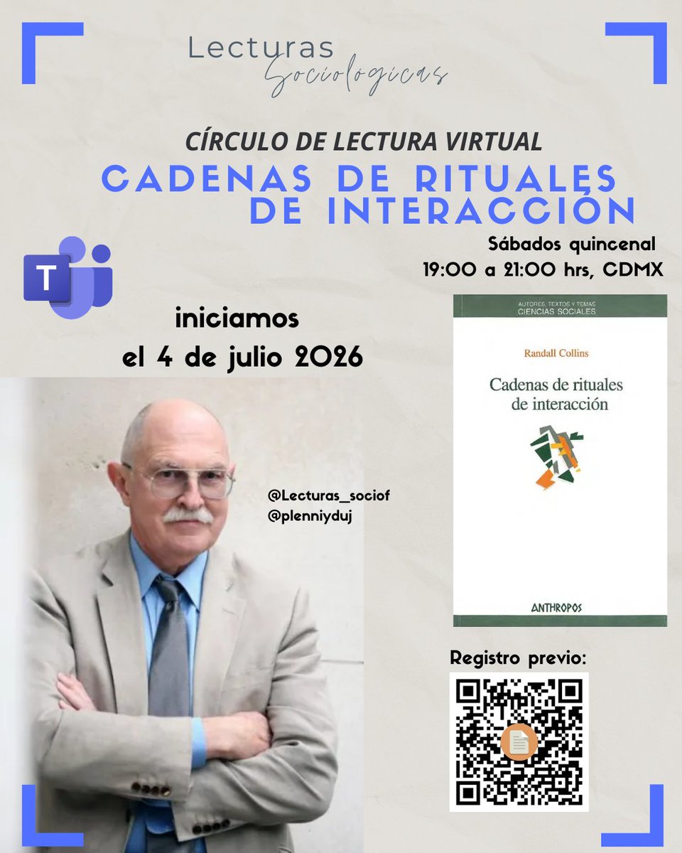 Lecturas_sociof's tweet photo. 4 de julio iniciamos las sesiones para comentar la obra de Randall Collins :3
Link de registro: https://t.co/60hDp0ZmGE https://t.co/oqrTbuih3S