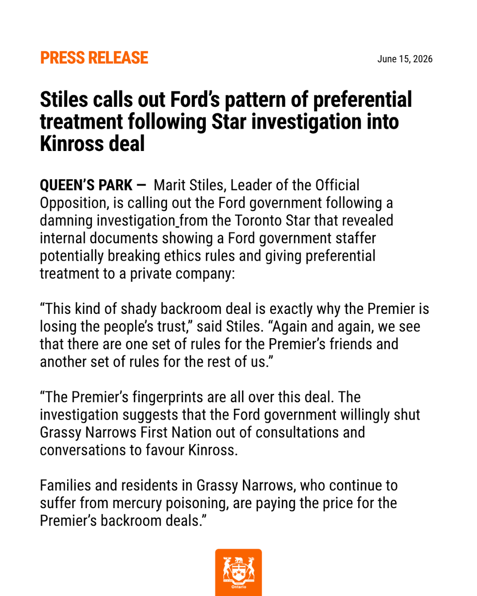 OntarioNDP's tweet photo. #NEW: Stiles calls out Ford’s pattern of preferential treatment following Star investigation into Kinross deal https://t.co/rEMk77oTEi